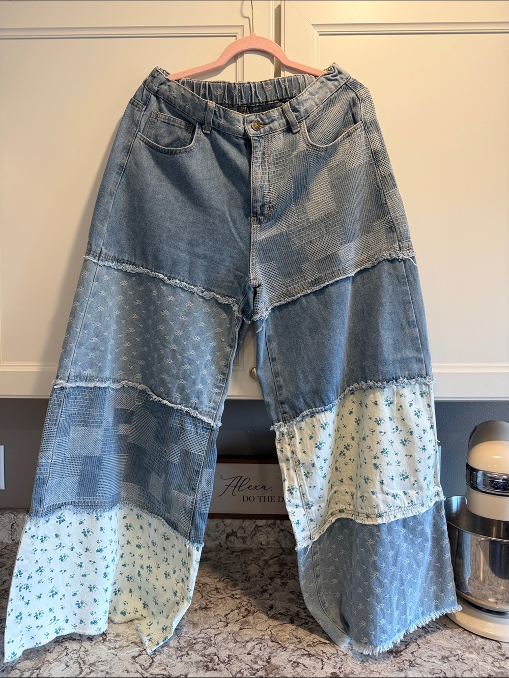 Patchwork Wide-Leg Women’s Jeans in Light Blue